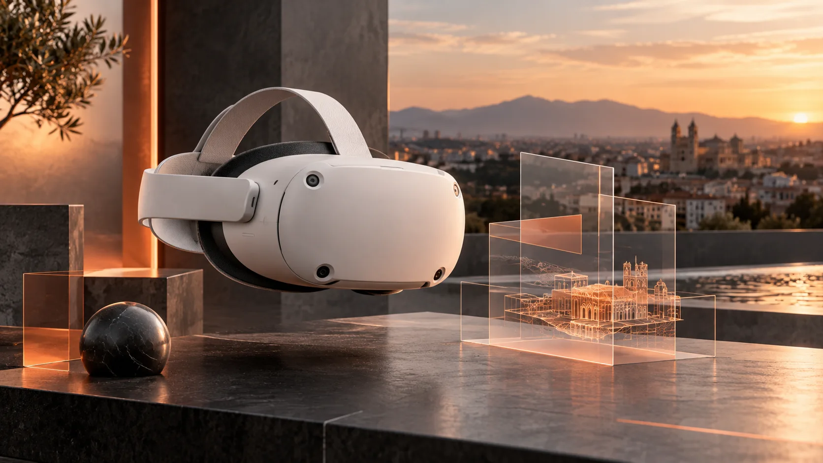 Illustration d’un casque de réalité virtuelle et d’éléments spatiaux numériques.