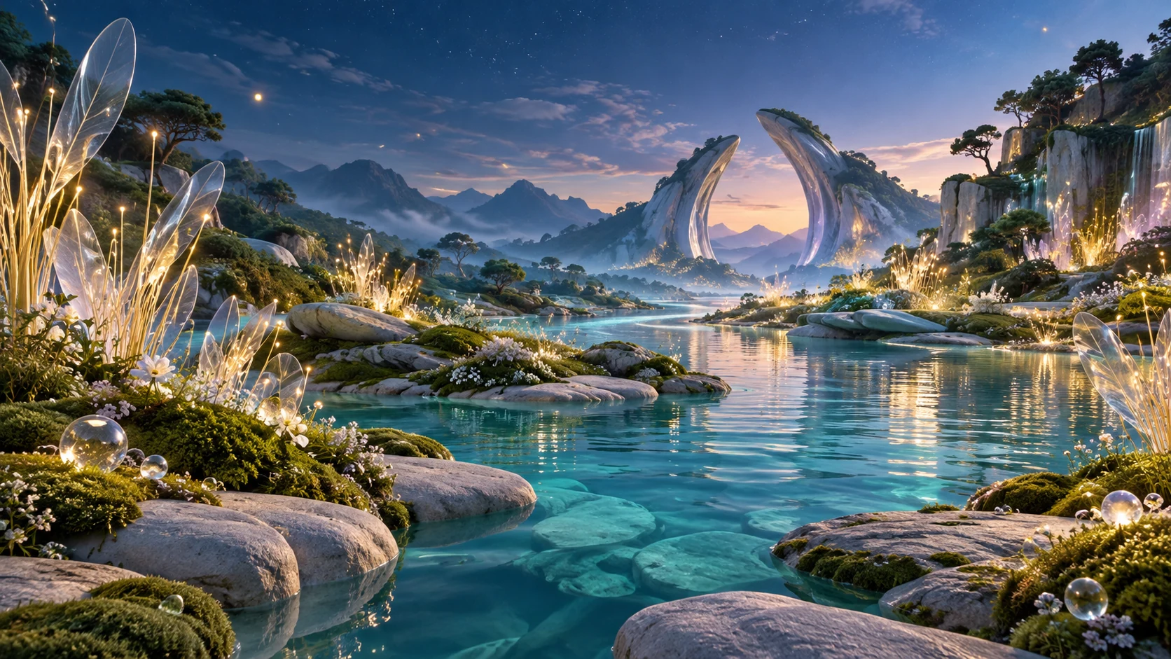 Illustration d’un univers imaginaire : rivière turquoise, jardin lumineux et arches de pierre au crépuscule.